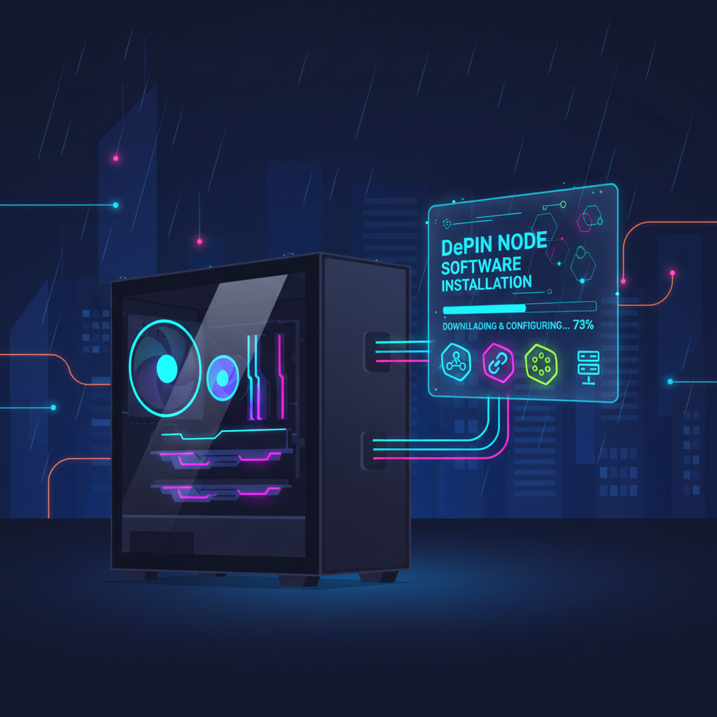 sleek computer installing DePIN node software, glowing GPUs, futuristic dashboard, cyberpunk neon vibes