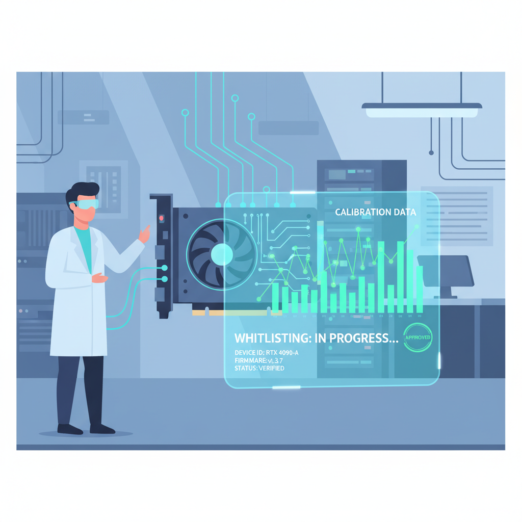 GPU card being whitelisted on holographic screen, calibration graphs spiking, high-tech lab setting