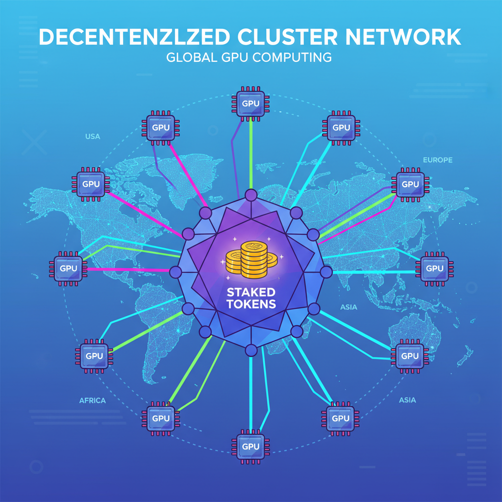 staking crypto tokens into decentralized cluster network, GPU nodes connecting worldwide, vibrant energy beams