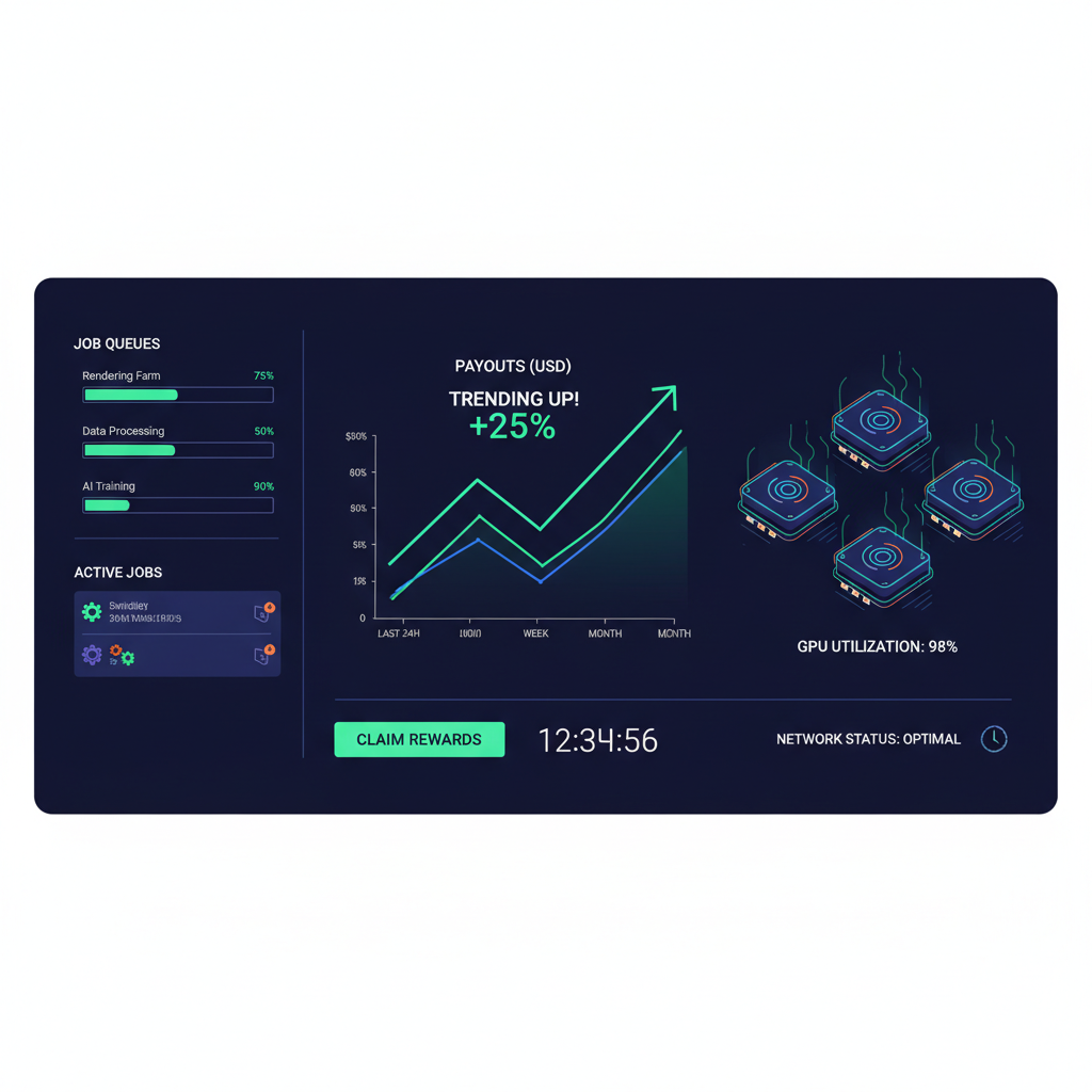 dynamic DePIN dashboard with job queues, payout charts rising, GPUs humming in background, neon UI