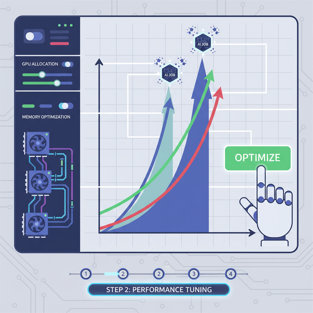 optimizing GPUs for AI tasks, performance graphs peaking, high-demand job icons exploding, futuristic optimization panel