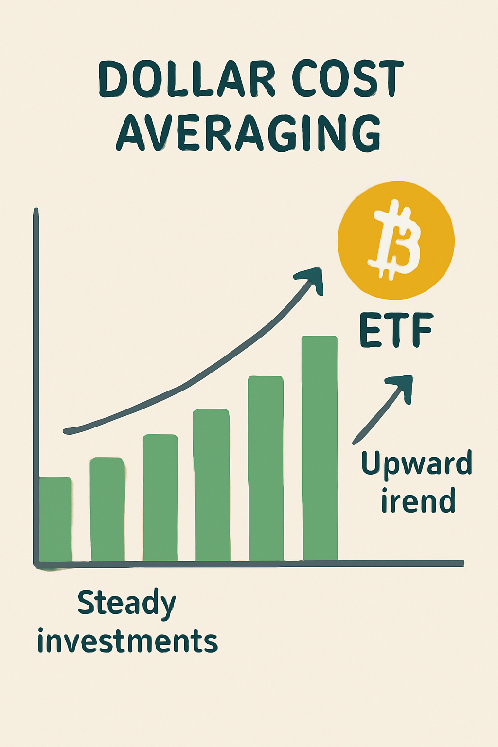 dollar cost averaging chart for Bitcoin ETF, steady investments over time, upward trend graph