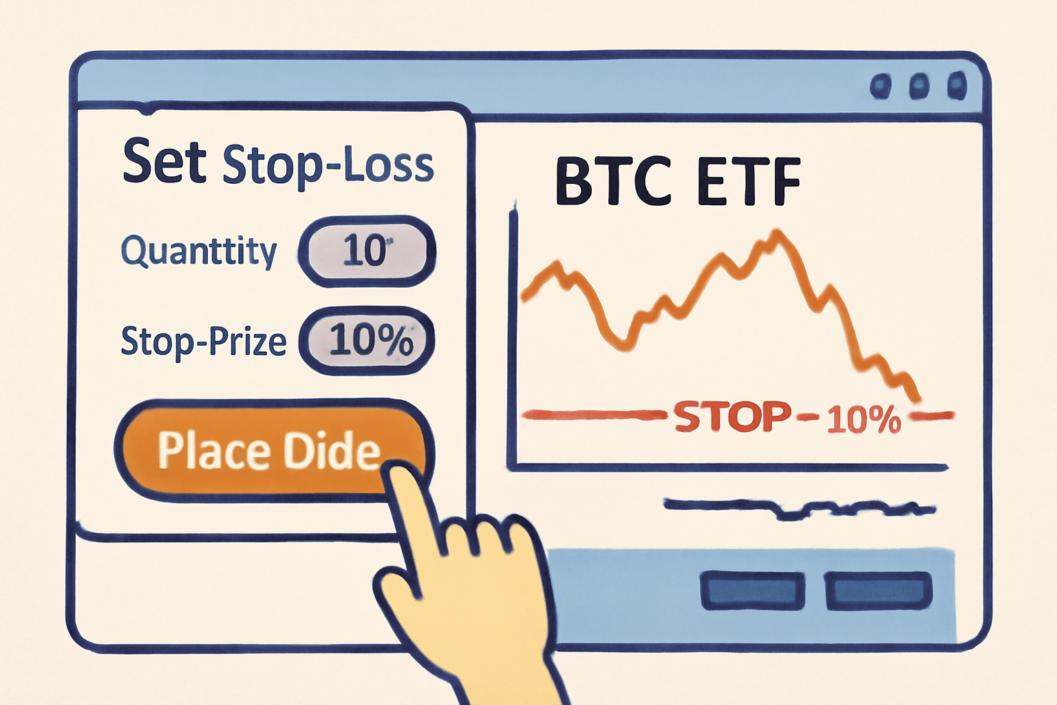 setting stop-loss order on trading platform, Bitcoin ETF chart with red stop line at 10% drop