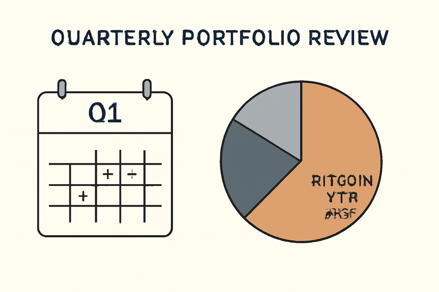 quarterly portfolio review dashboard, pie chart with Bitcoin ETF allocation, calendar quarterly marks