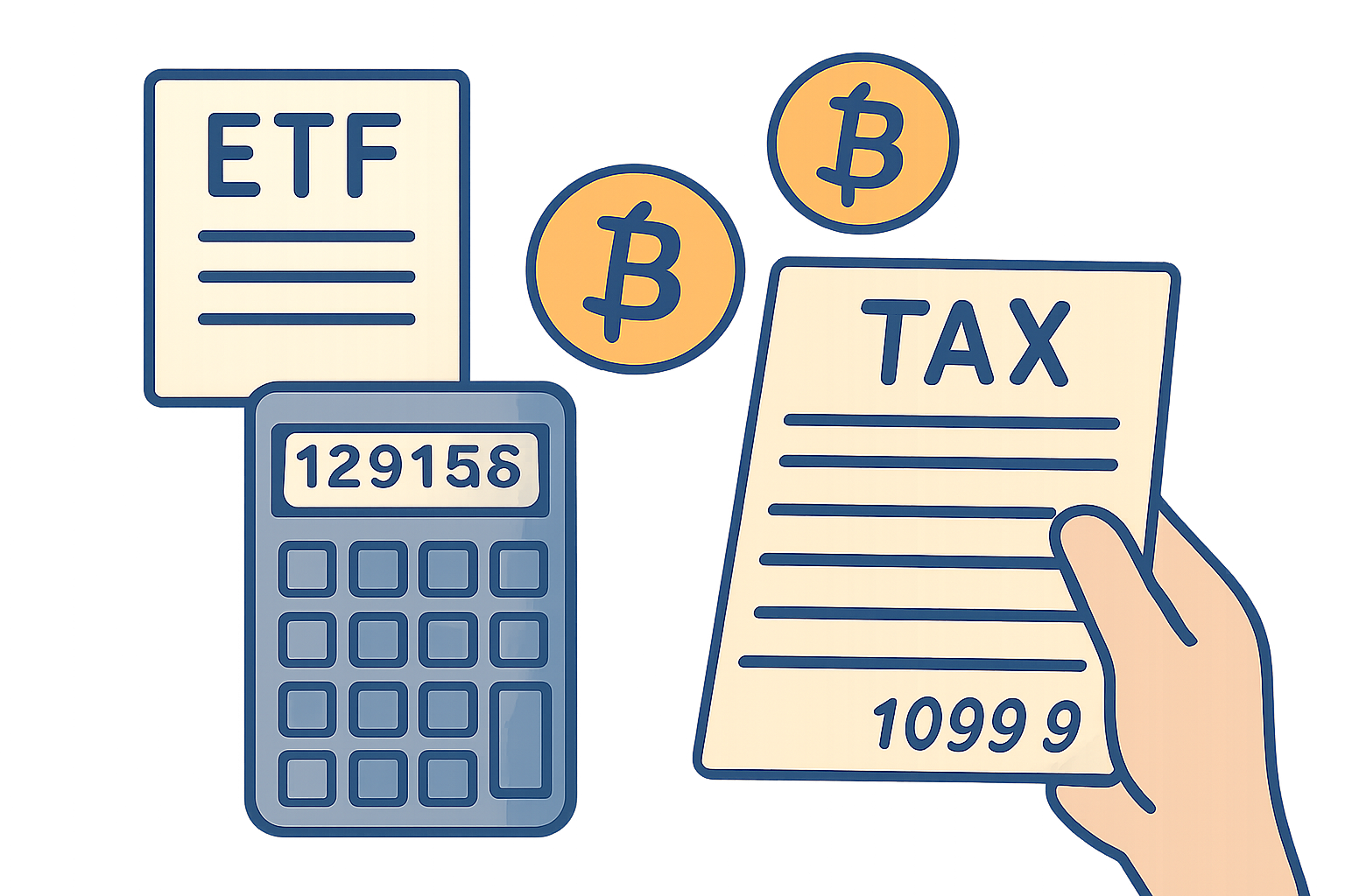 reviewing tax forms for ETF investments, calculator and 1099-B document, Bitcoin icons
