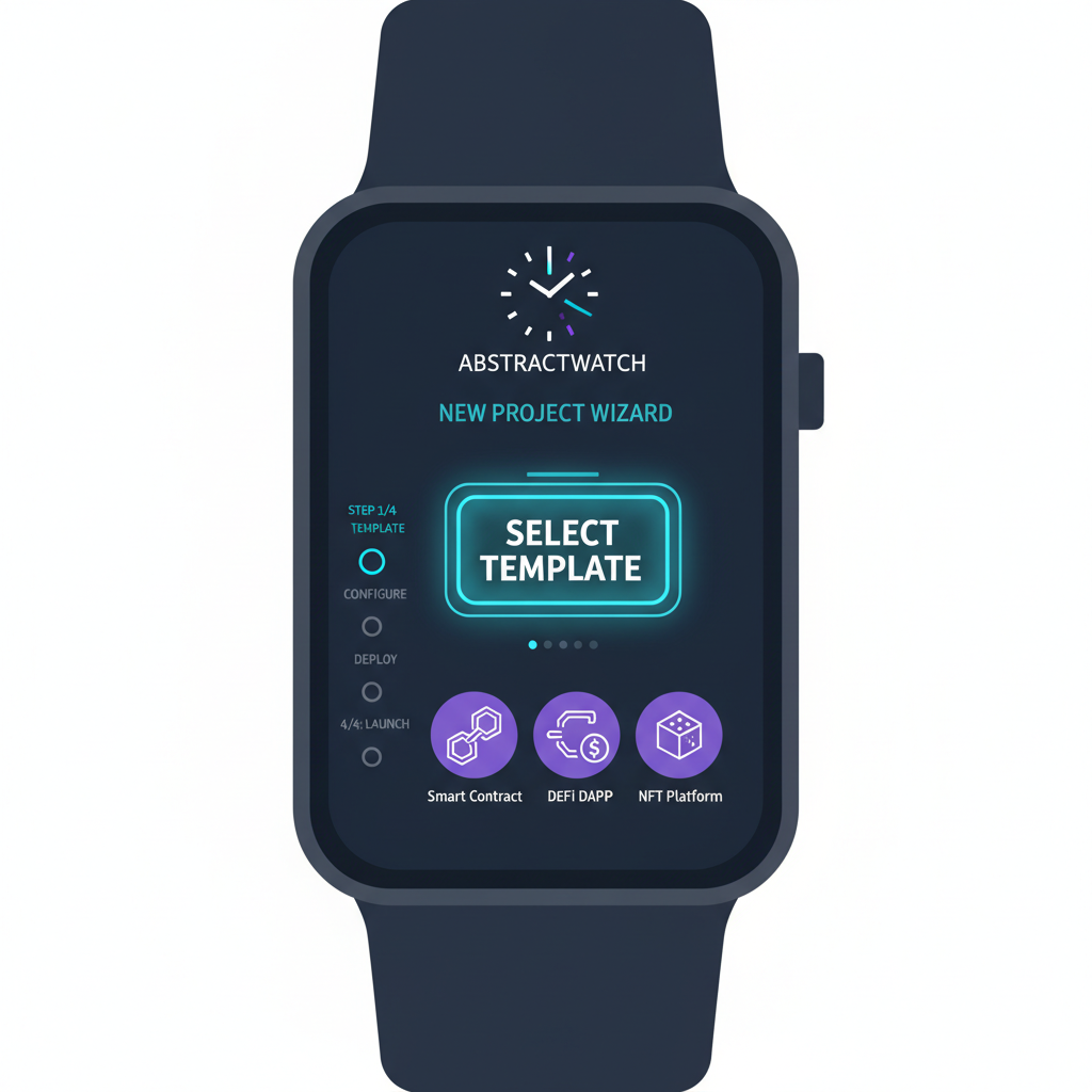 sleek AbstractWatch dashboard screen showing project wizard with template selection button highlighted, dark mode UI, blockchain icons