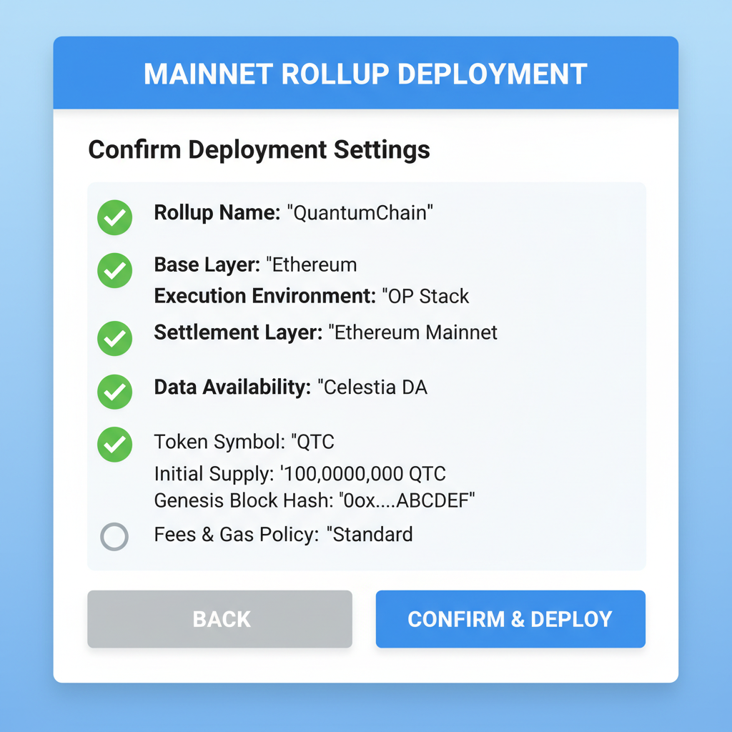 professional RaaS dashboard screen showing settings confirmation checklist for mainnet rollup deployment