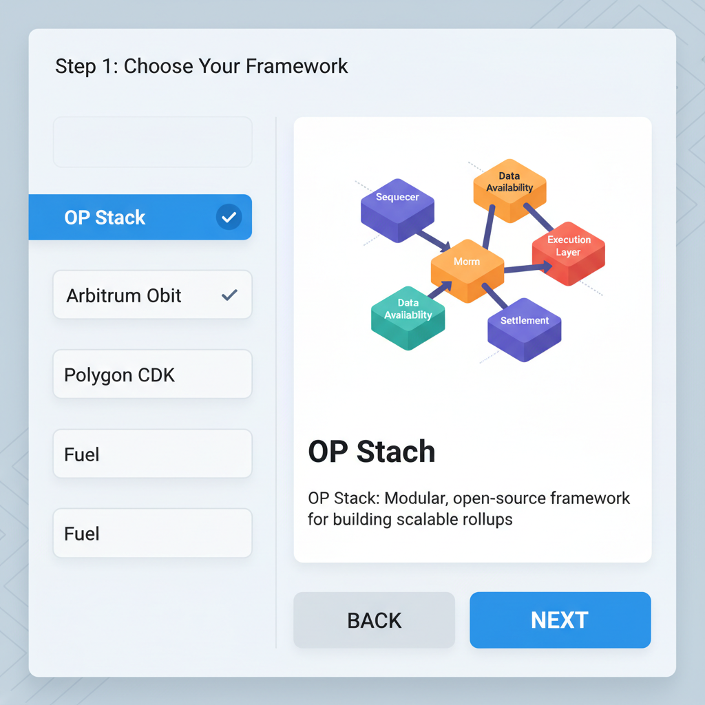 preview pane showing Abstract Rollup with OP Stack framework selected, next button prominent, dashboard style