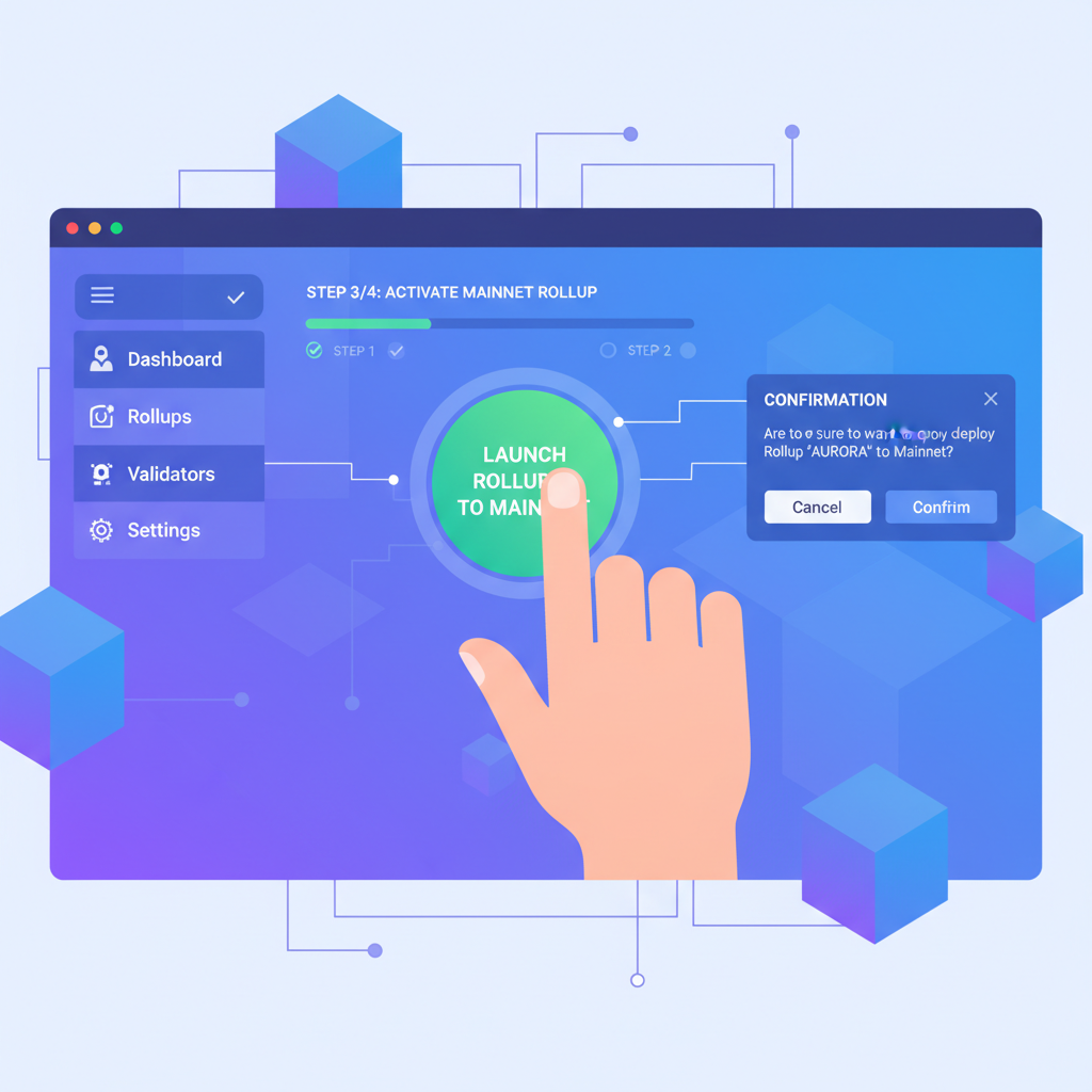 hand clicking green launch button on blockchain RaaS dashboard for mainnet rollup activation