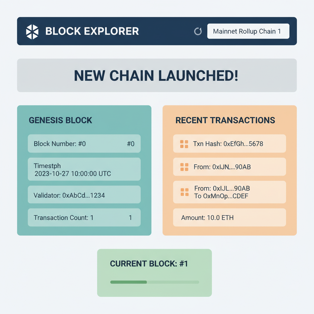 modern block explorer interface displaying new mainnet rollup chain with genesis block and transactions