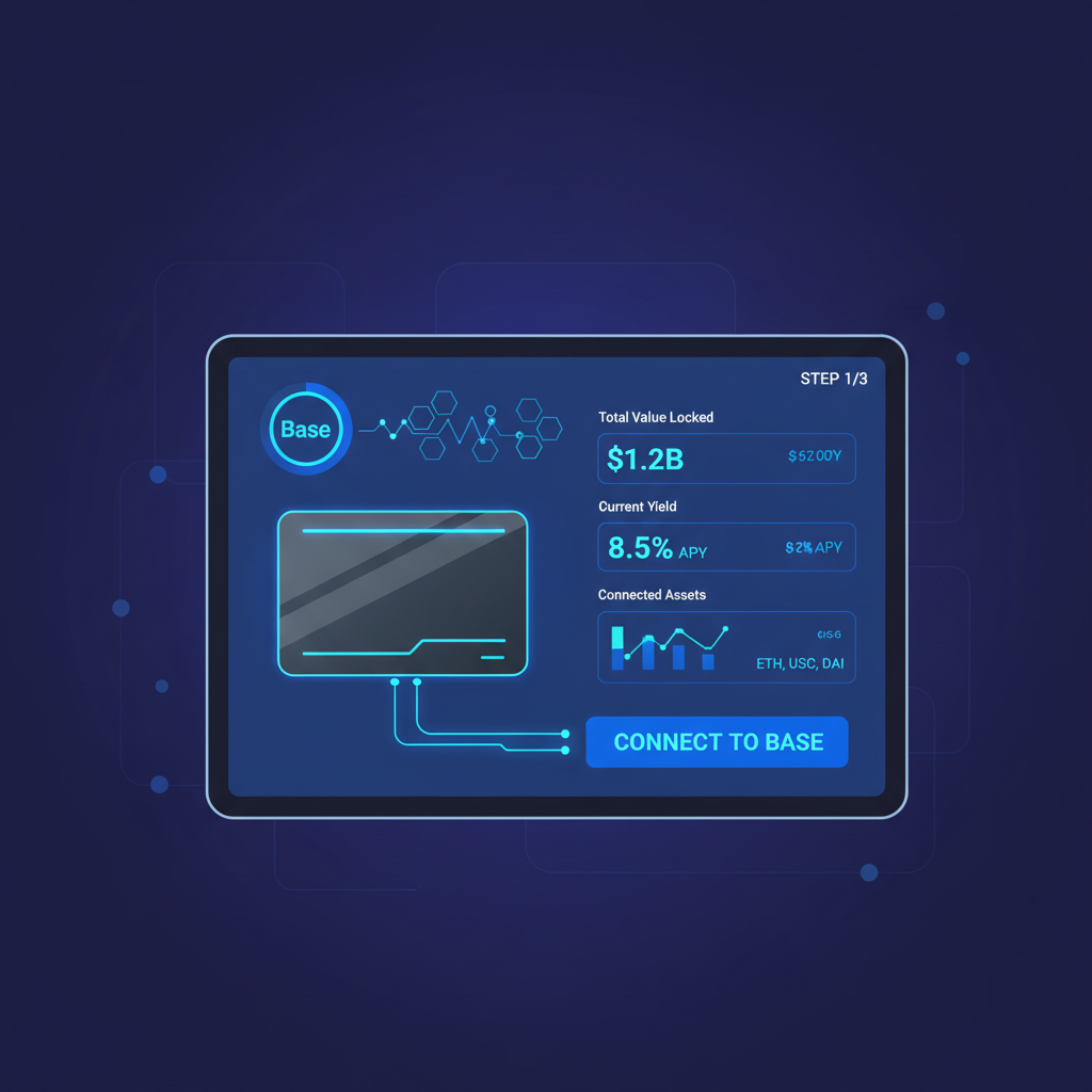 sleek crypto wallet connecting to Base network dashboard, neon blue UI, futuristic DeFi interface