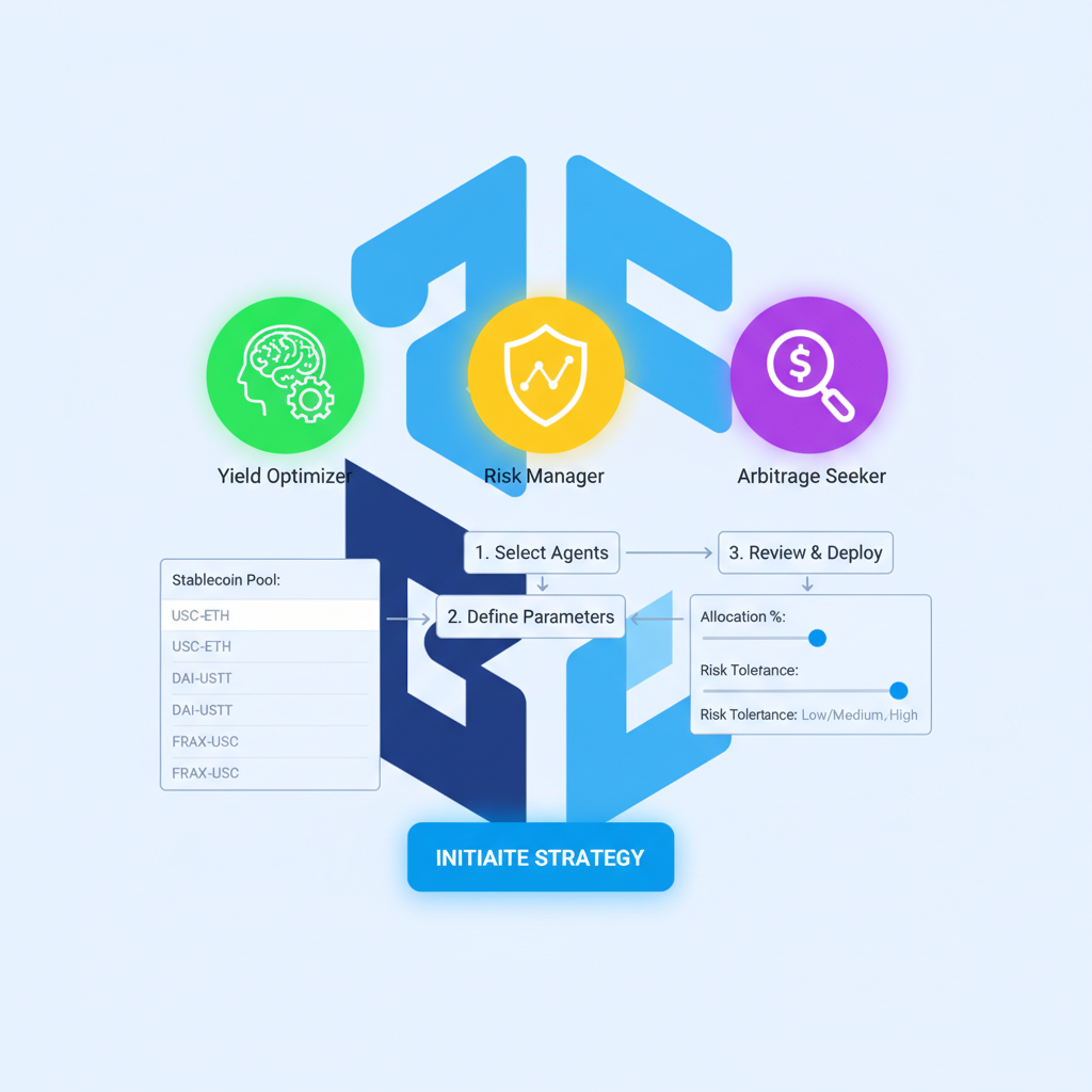 AI dashboard selecting stablecoin strategies, glowing agent icons, Base chain background