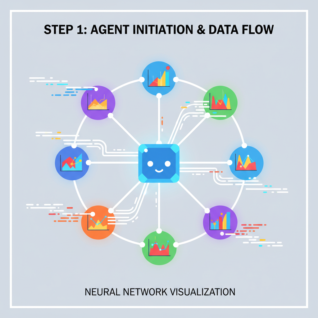 AI agent training in neural network visualization, RL graphs pulsing, data streams flowing