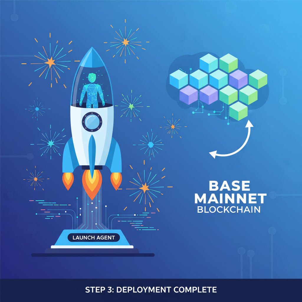 rocket launching agent to Base mainnet blockchain, exploding stars, cyber success animation