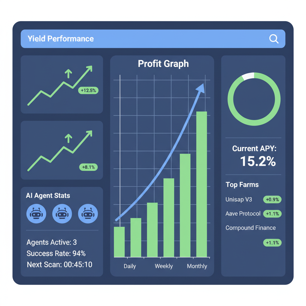 DeFi yield monitoring dashboard with rising charts, AI agent stats, green profit graphs