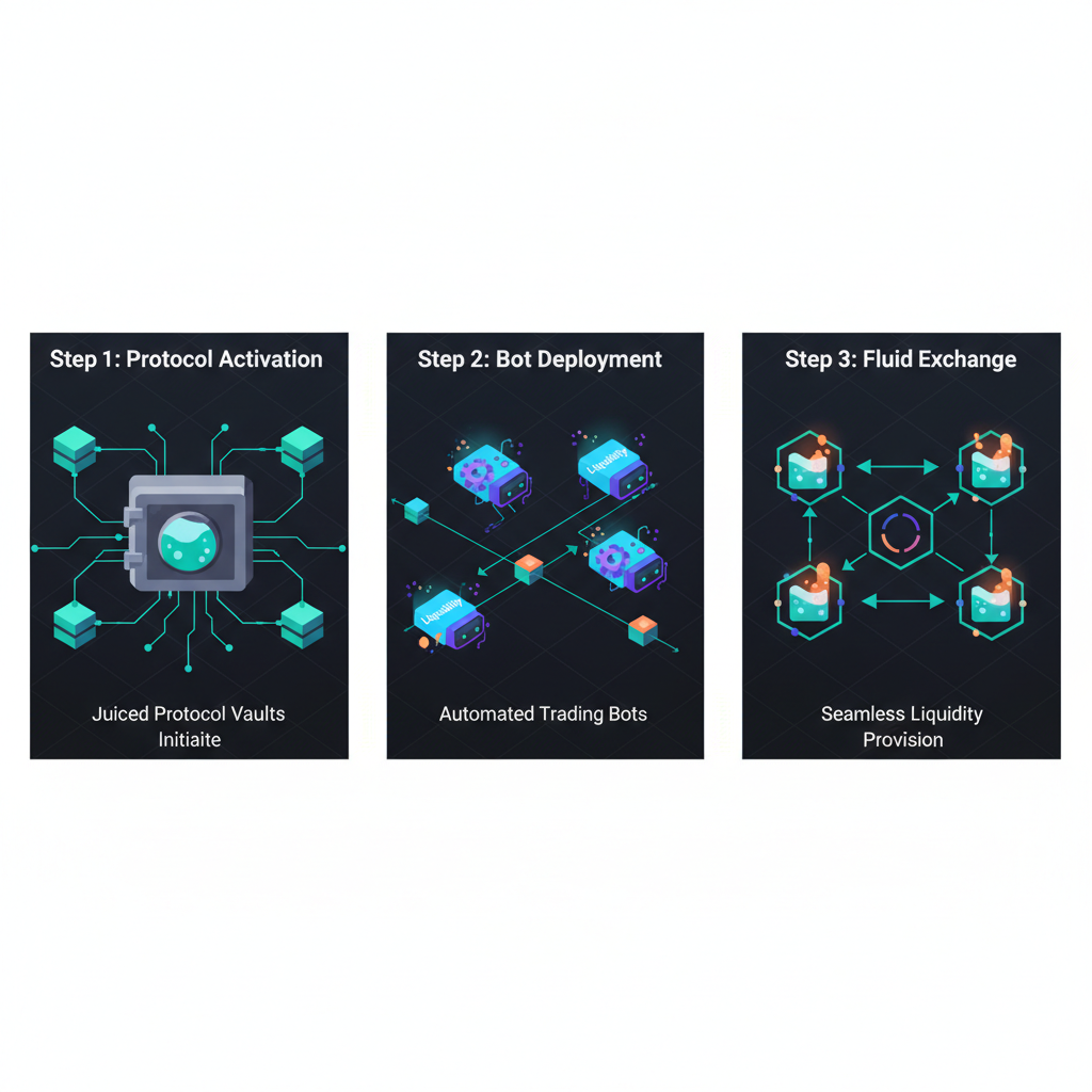 Juiced protocol vaults activating as trading bots on blockchain, automated liquidity provision, cyber tech glow