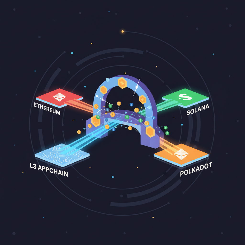 cross-chain asset bridge glowing with token transfers between L3 appchain and other blockchains, portal energy beams