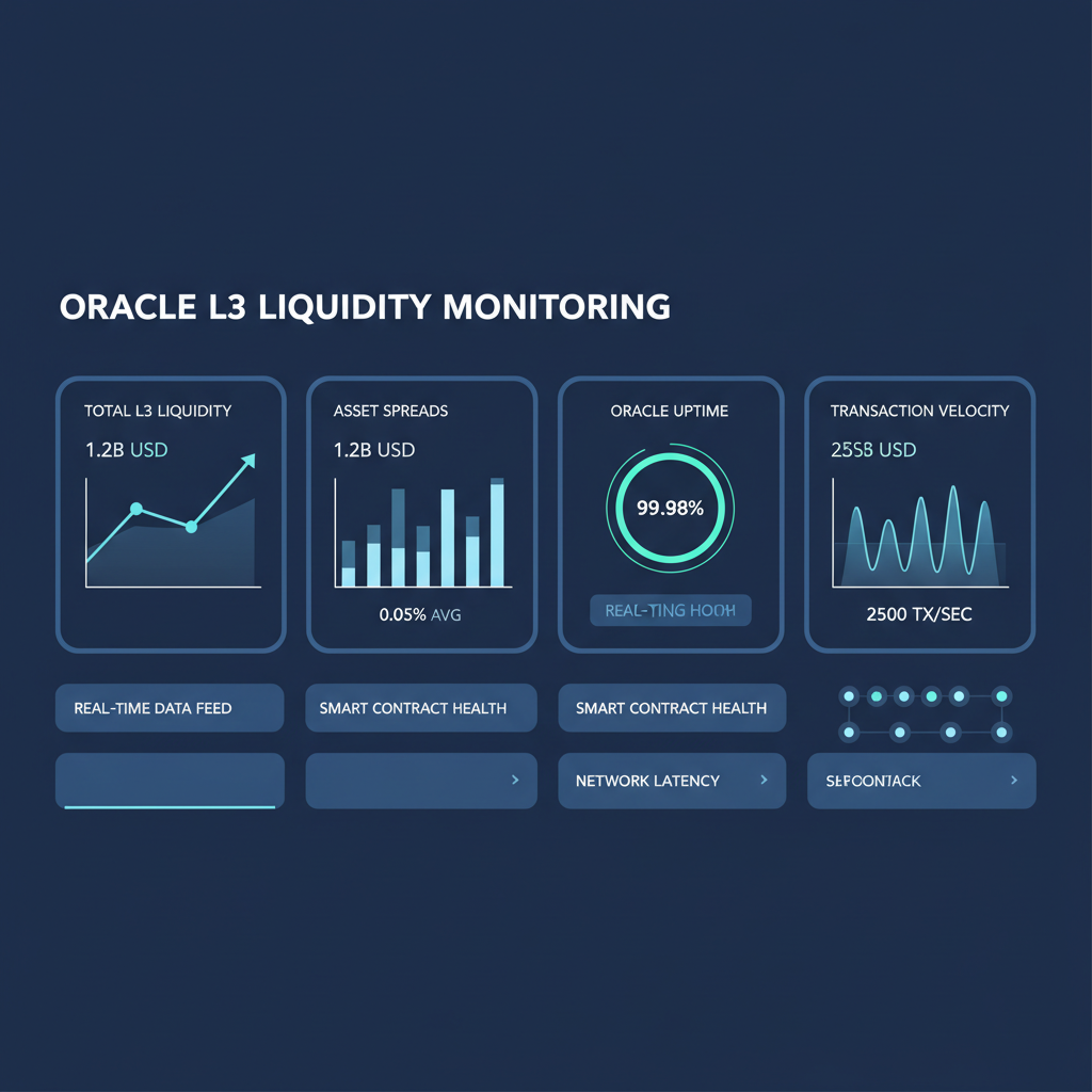 oracle dashboard monitoring L3 liquidity metrics, real-time charts graphs spreads uptime, high-tech interface