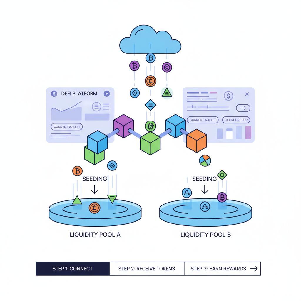 crypto airdrop seeding liquidity pools on blockchain, neon tokens raining down, futuristic DeFi interface