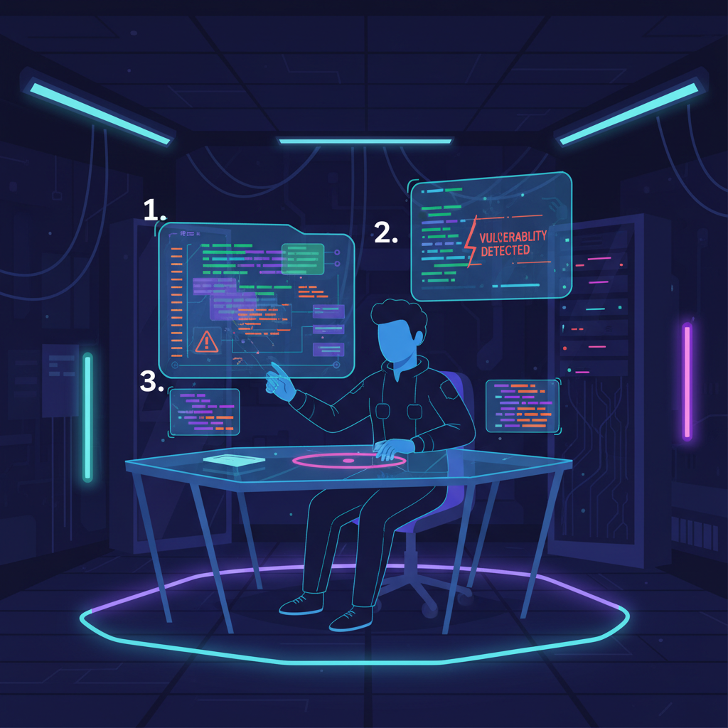 Web3 researcher at holographic desk analyzing smart contract vulnerability code, dark cyberpunk style, neon accents