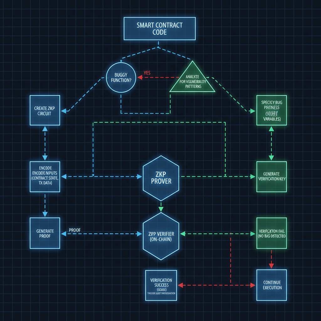 Flowchart of zero-knowledge proof circuit for smart contract bug, geometric nodes and arrows, futuristic blueprint style