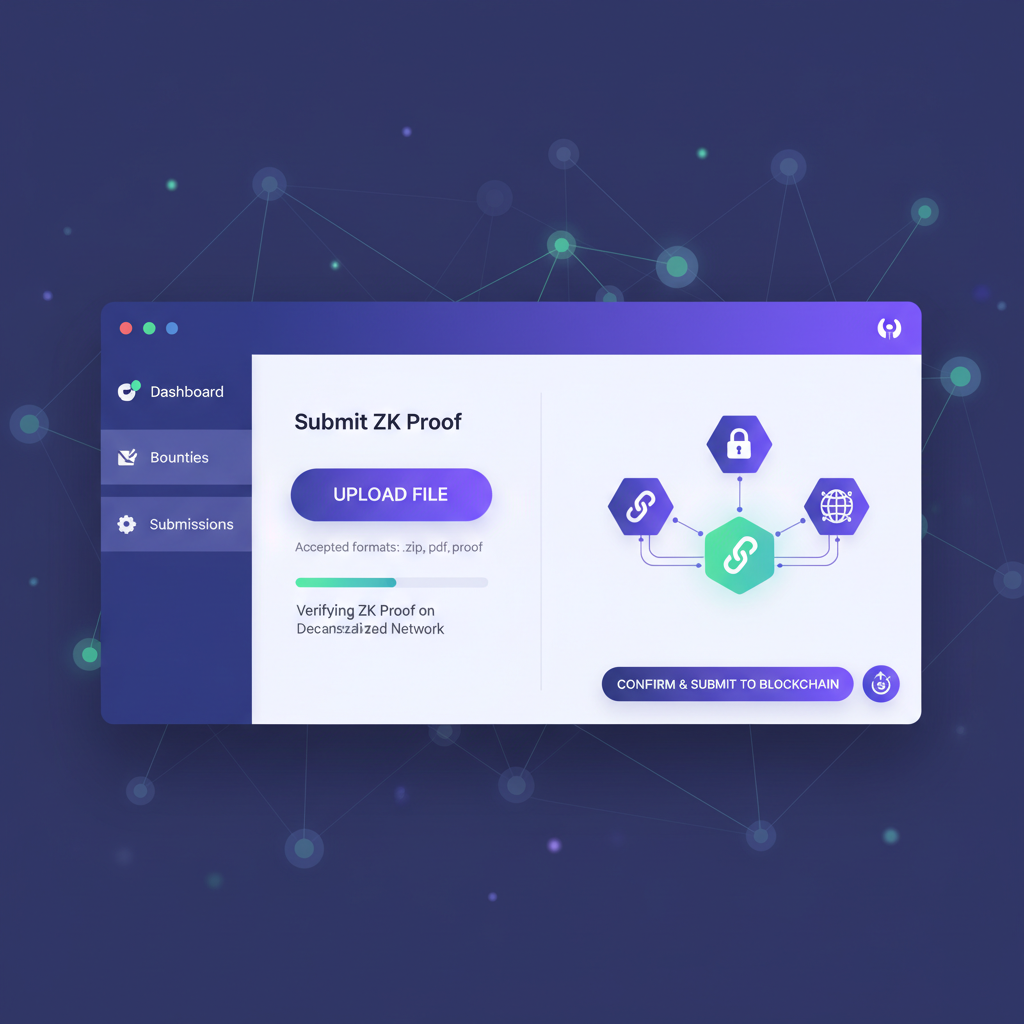 Uploading ZK proof to blockchain bounty platform dashboard, decentralized network icons, modern Web3 UI