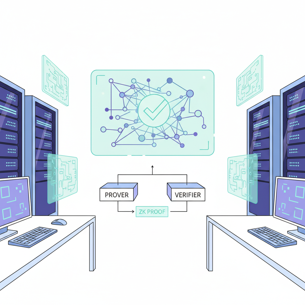 AI neural network verifying ZK proof, green checkmark on holographic screen, high-tech verification lab