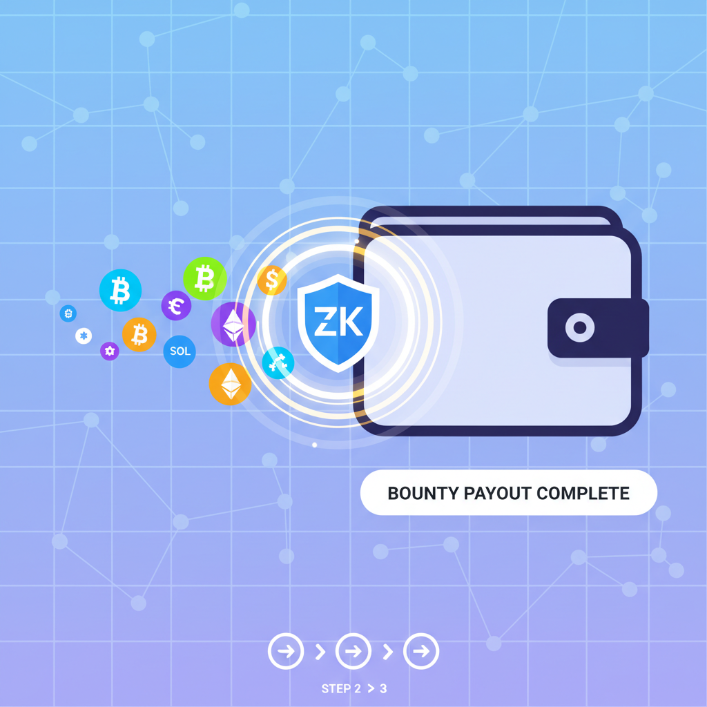 Crypto bounty payout flowing as tokens to wallet, success animation with ZK shield icon, vibrant Web3 graphics