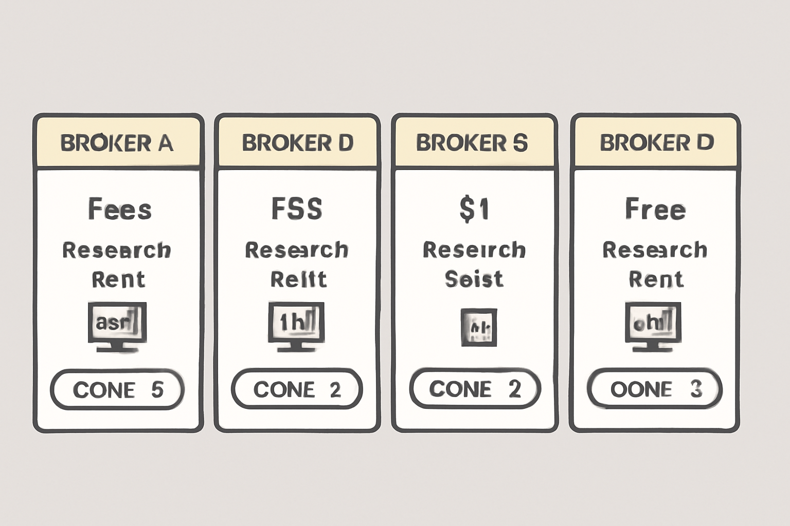 A comparison screen of several brokerage platforms, highlighting features like fees, research tools, and a search for COIN stock.