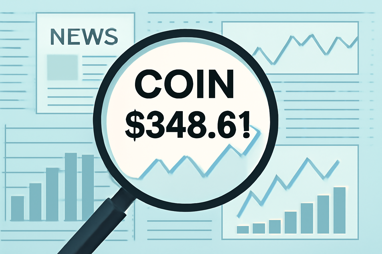 A magnifying glass over a chart showing COIN's price at $348.61, with news headlines and financial graphs in the background.