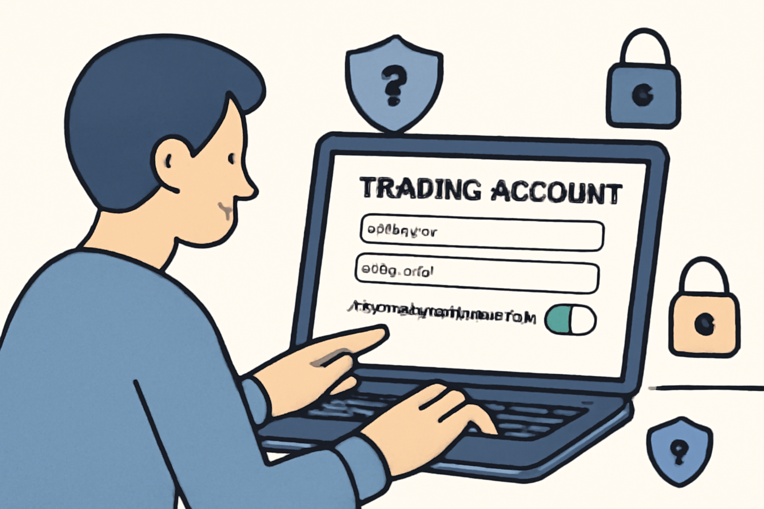 A user setting up a trading account on a laptop, activating two-factor authentication, with security icons like locks and shields.