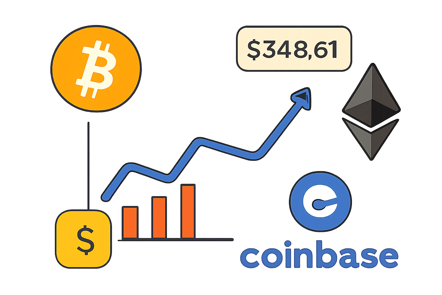An infographic showing a stock chart blending with cryptocurrency symbols and company logos like Coinbase, with price tags such as $348.61.