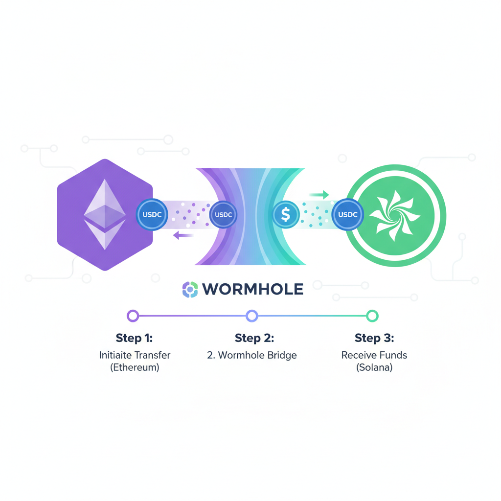 illustration of USDC tokens bridging between Ethereum and Solana networks via glowing Wormhole portal, futuristic blockchain style
