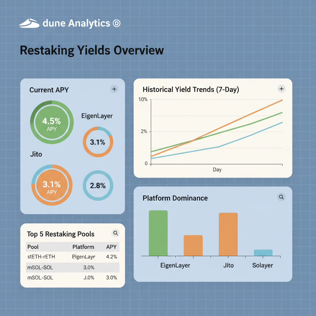 Dune Analytics dashboard showing restaking yields, charts for EigenLayer Jito Solayer, data visualization style
