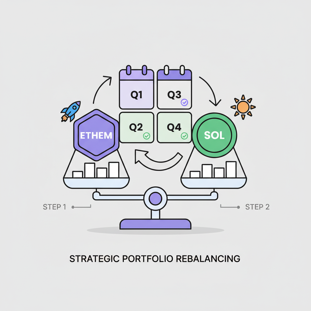portfolio rebalancing scales with ETH SOL tokens, quarterly calendar overlay, strategic finance illustration