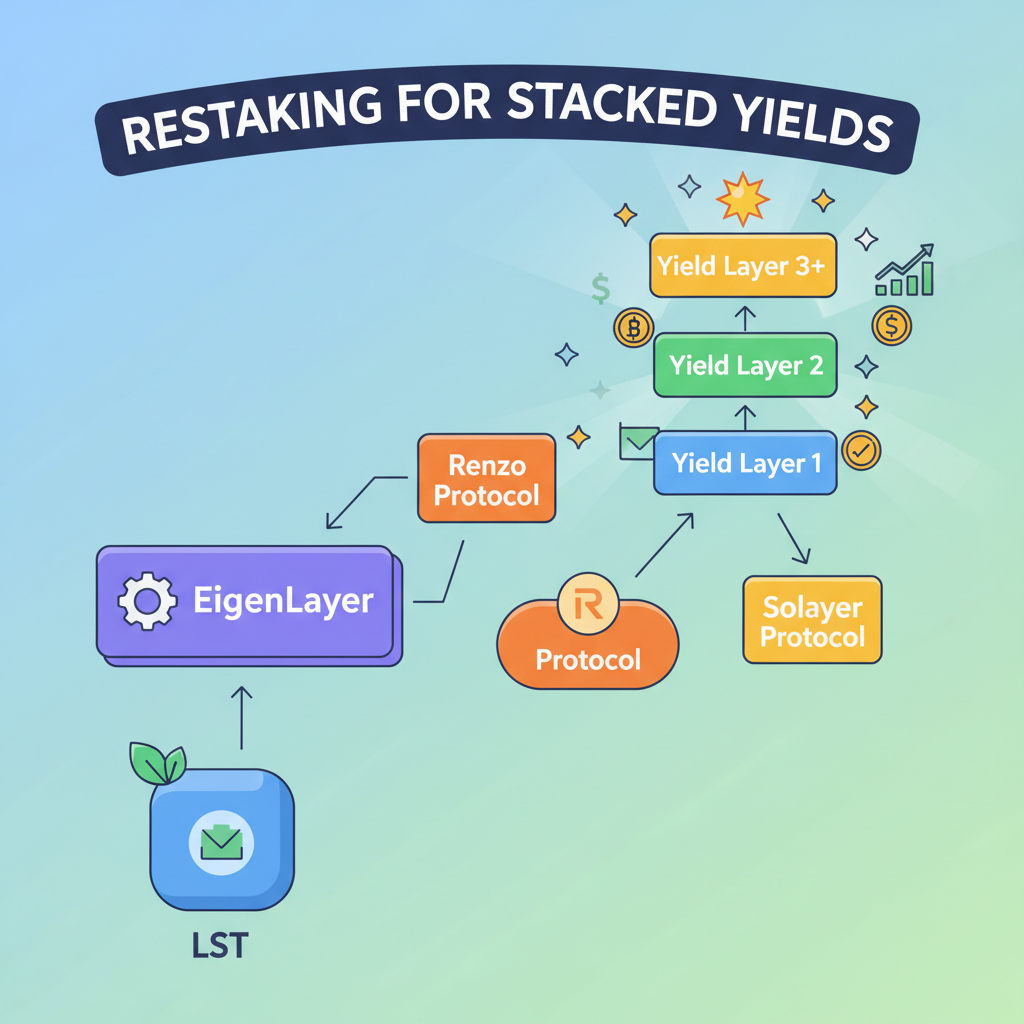 restaking LSTs into EigenLayer Renzo Solayer protocols, yield layers stacking up, vibrant DeFi ecosystem graphic