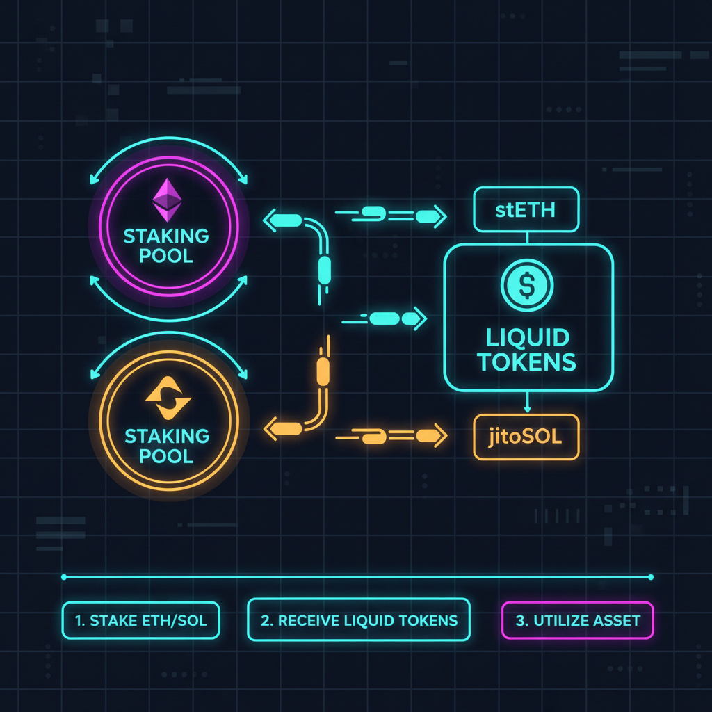 user staking ETH into stETH and SOL into jitoSOL, liquid tokens flowing from staking pools, neon crypto dashboard view
