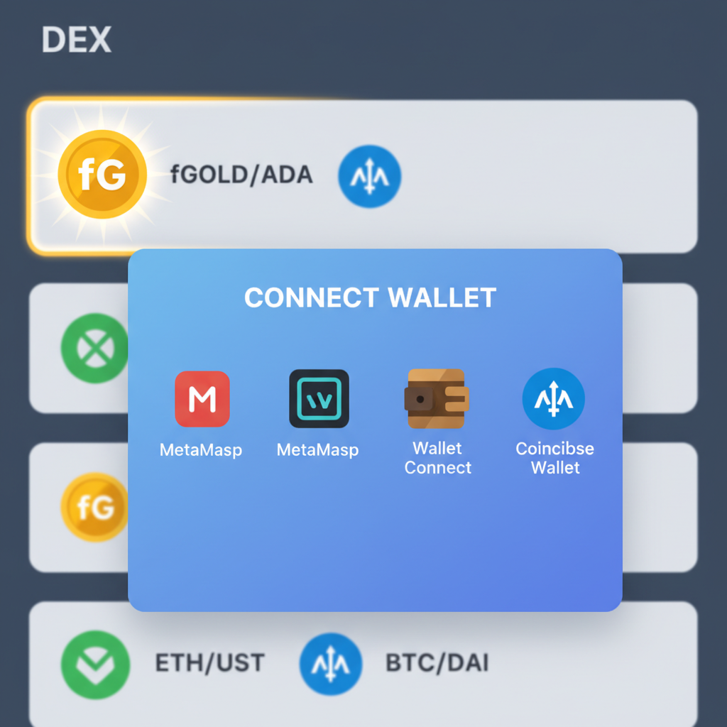 wallet connection popup on DEX, fGOLD/ADA pair highlighted, gold token icons shining