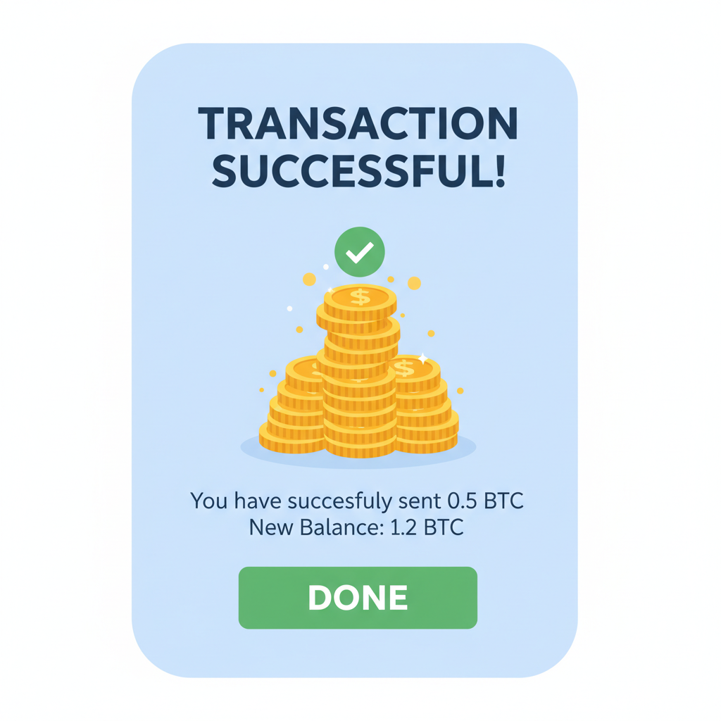 transaction confirmation screen in wallet, success animation, gold coins stacking