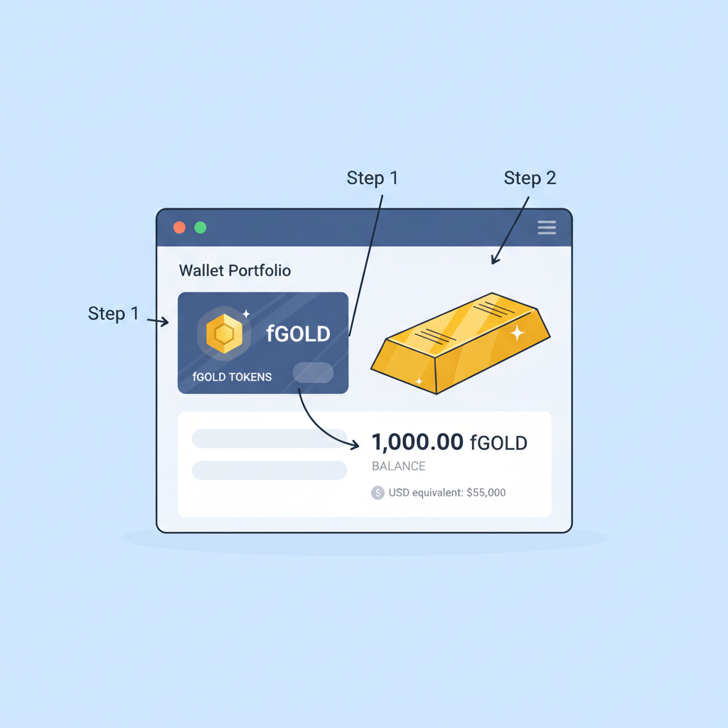 wallet portfolio showing fGOLD tokens, gold bar illustration beside balance
