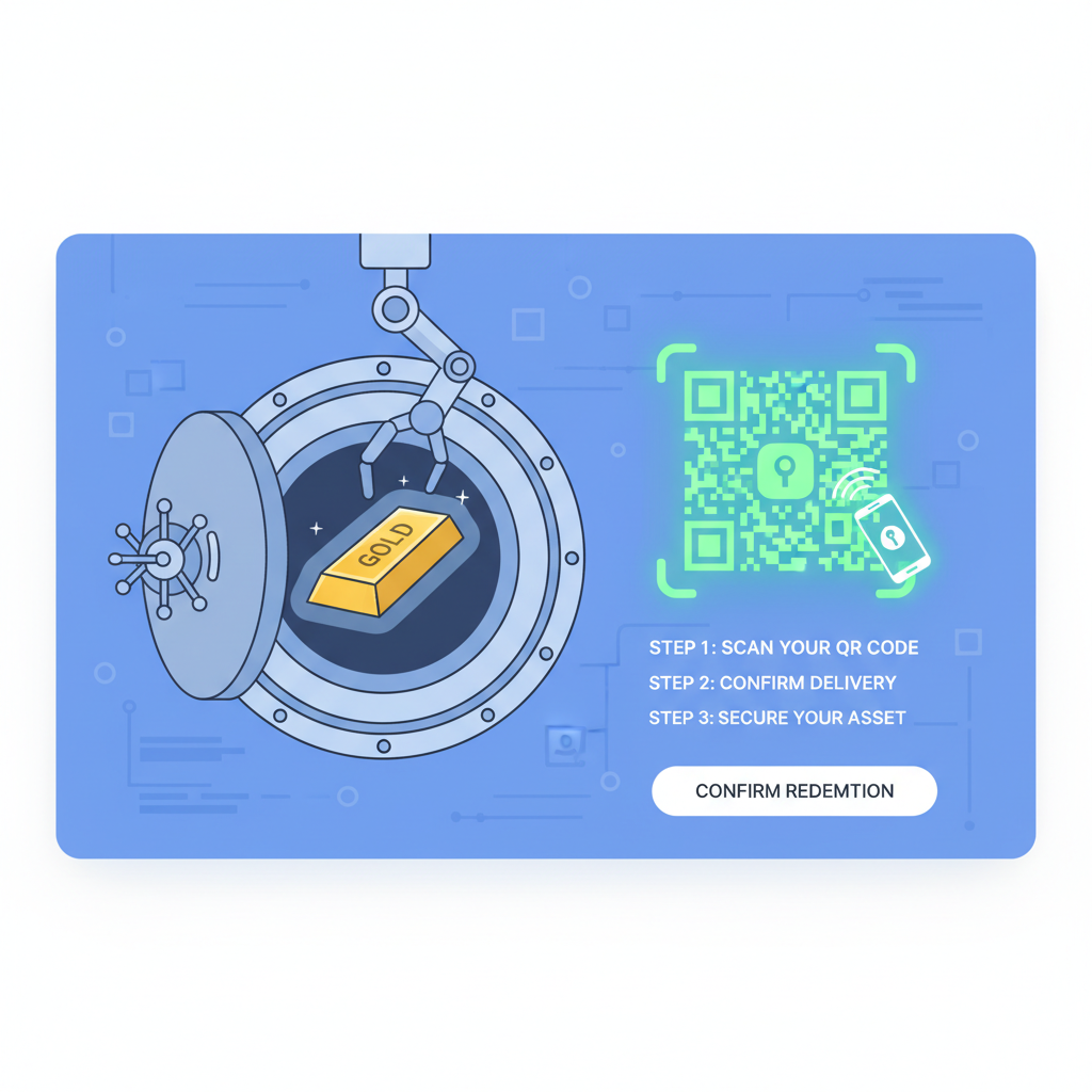 redemption page with gold bar delivery, QR code scan, secure vault background