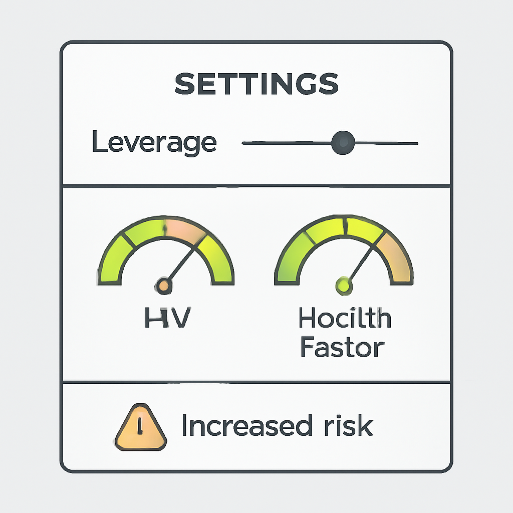 A settings panel with a leverage slider, showing LTV and Health Factor gauges, and a warning about increased risk.
