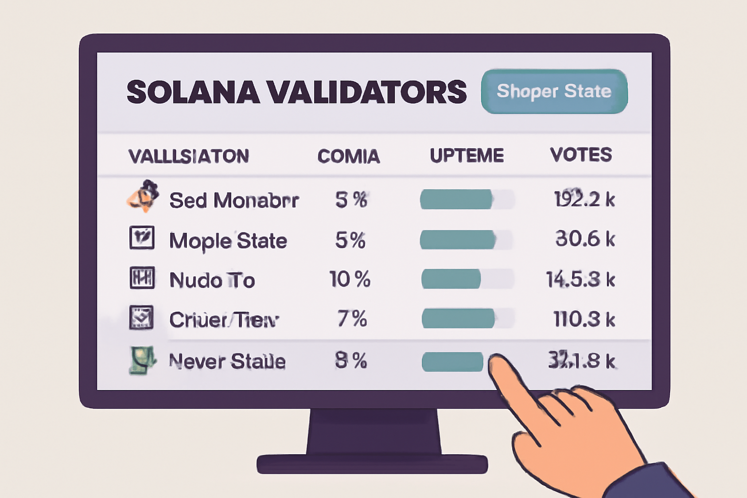 A dashboard showing a list of Solana validators with performance stats, and a user selecting one for direct staking.