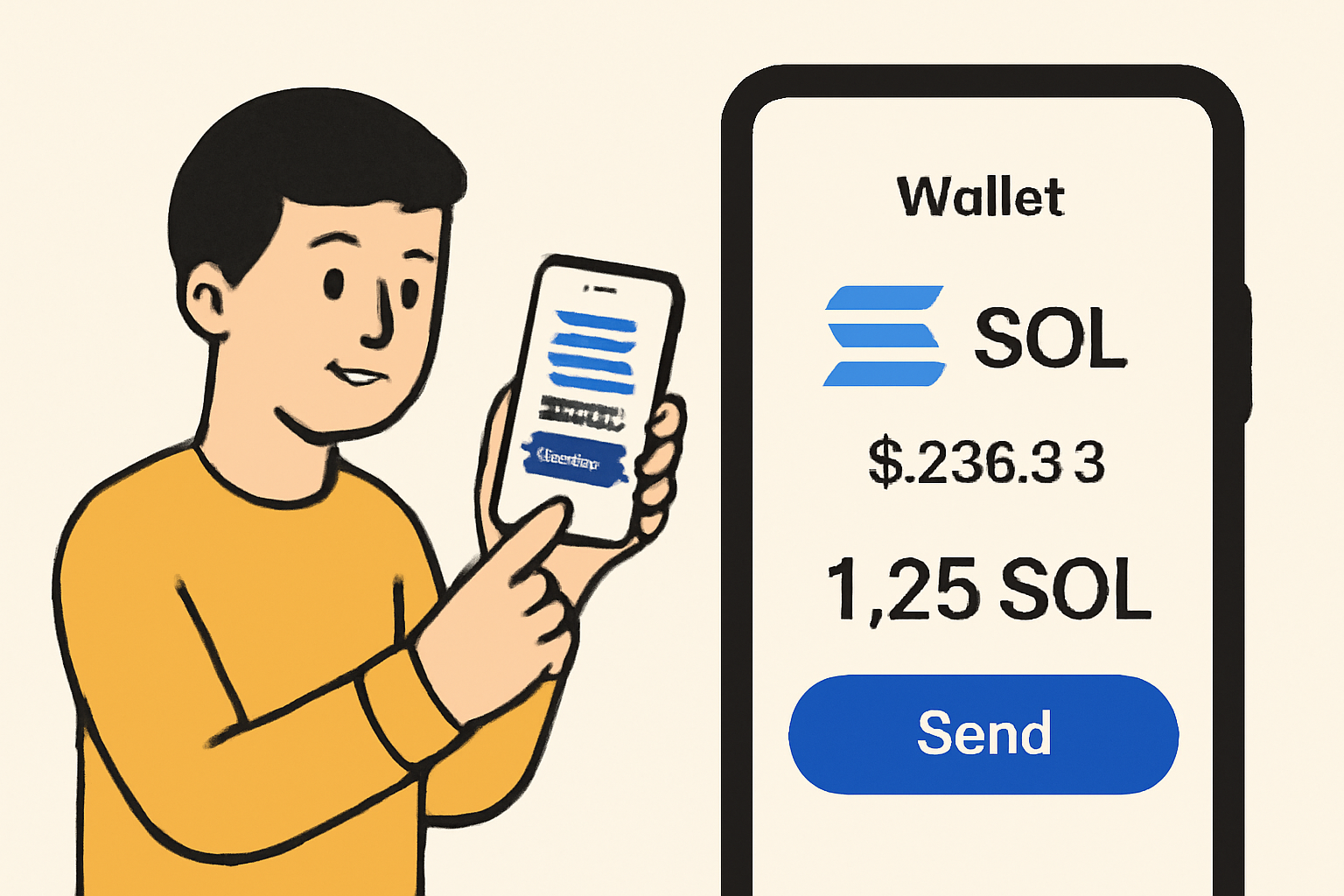 A user installing and funding a Solana wallet app on their phone, with a digital wallet interface showing SOL tokens and the current price of $236.53.