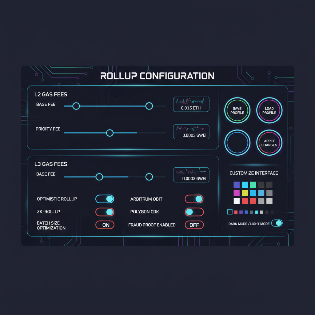 customizable rollup configuration panel, sliders and toggles for gas fees L2 L3, cyberpunk aesthetic