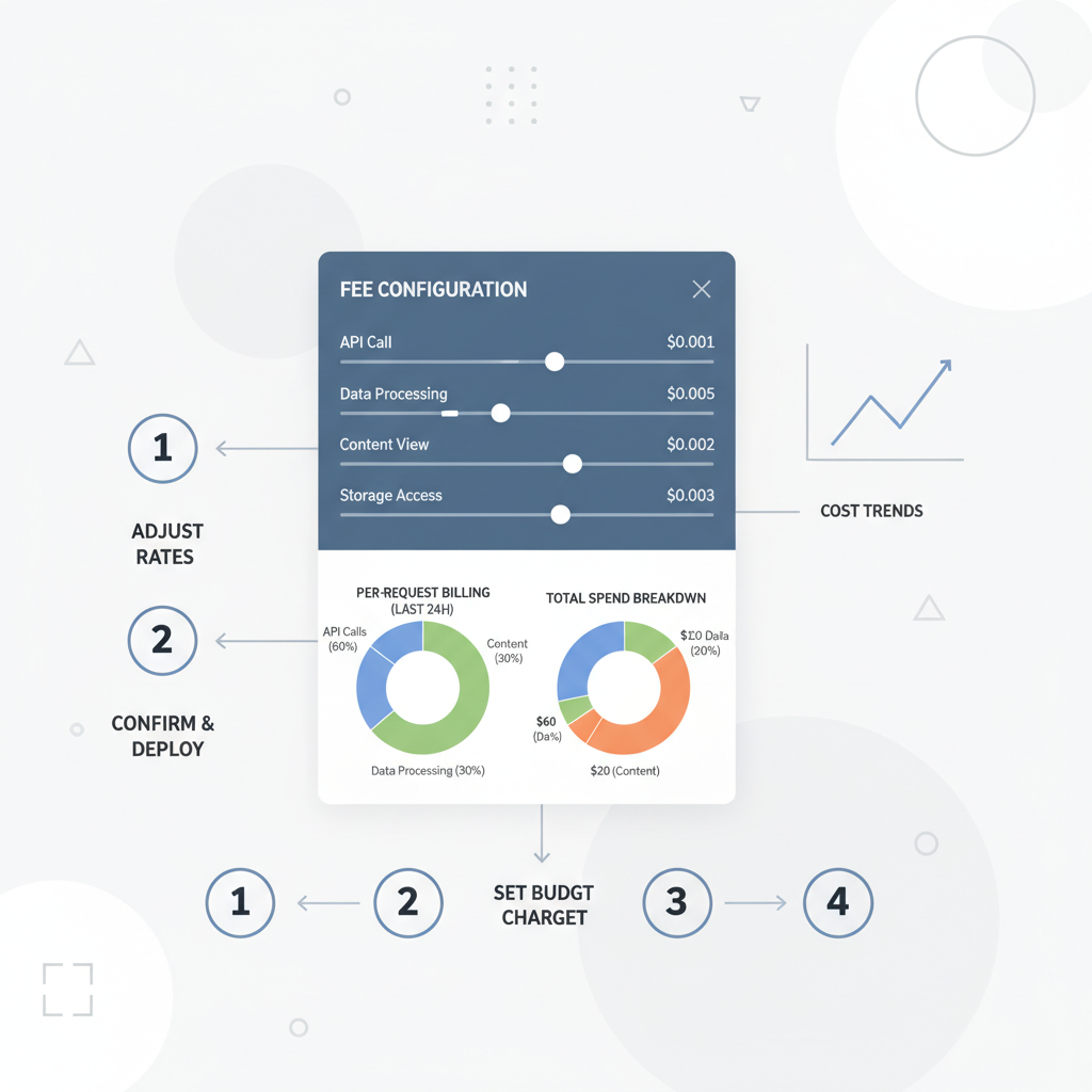 fee configuration dashboard with sliders for micropayments, charts showing per-request billing, modern financial UI