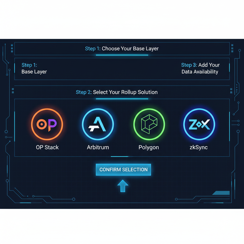 modular blockchain stack selection interface, glowing icons for OP Stack Arbitrum Polygon zkSync, sci-fi design