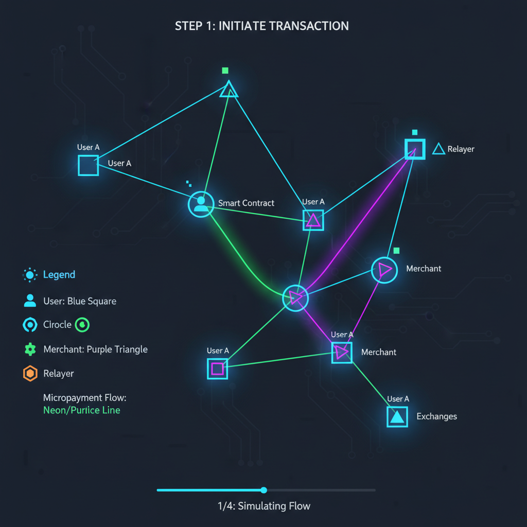 testing micropayments on blockchain simulator, transaction flows lighting up network graph, dynamic neon visuals