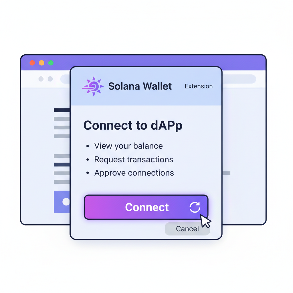 Wallet connection interface in browser extension, Solana wallet popup, connect button active