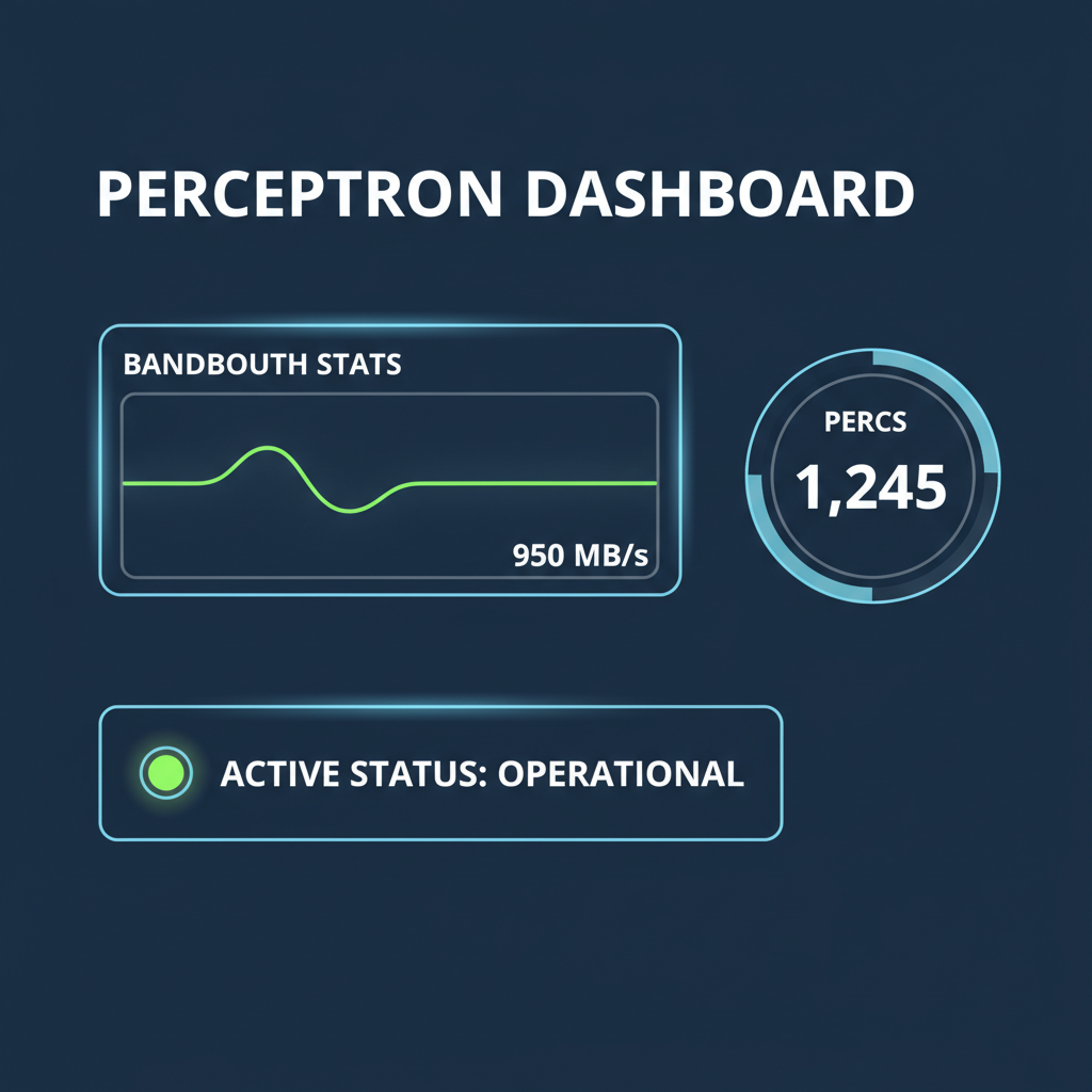 Perceptron dashboard showing bandwidth stats, PERCs counter, green active status